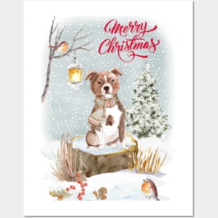 Staffordshire Bull Terrier Merry Christmas Santa Dog Posters and Art